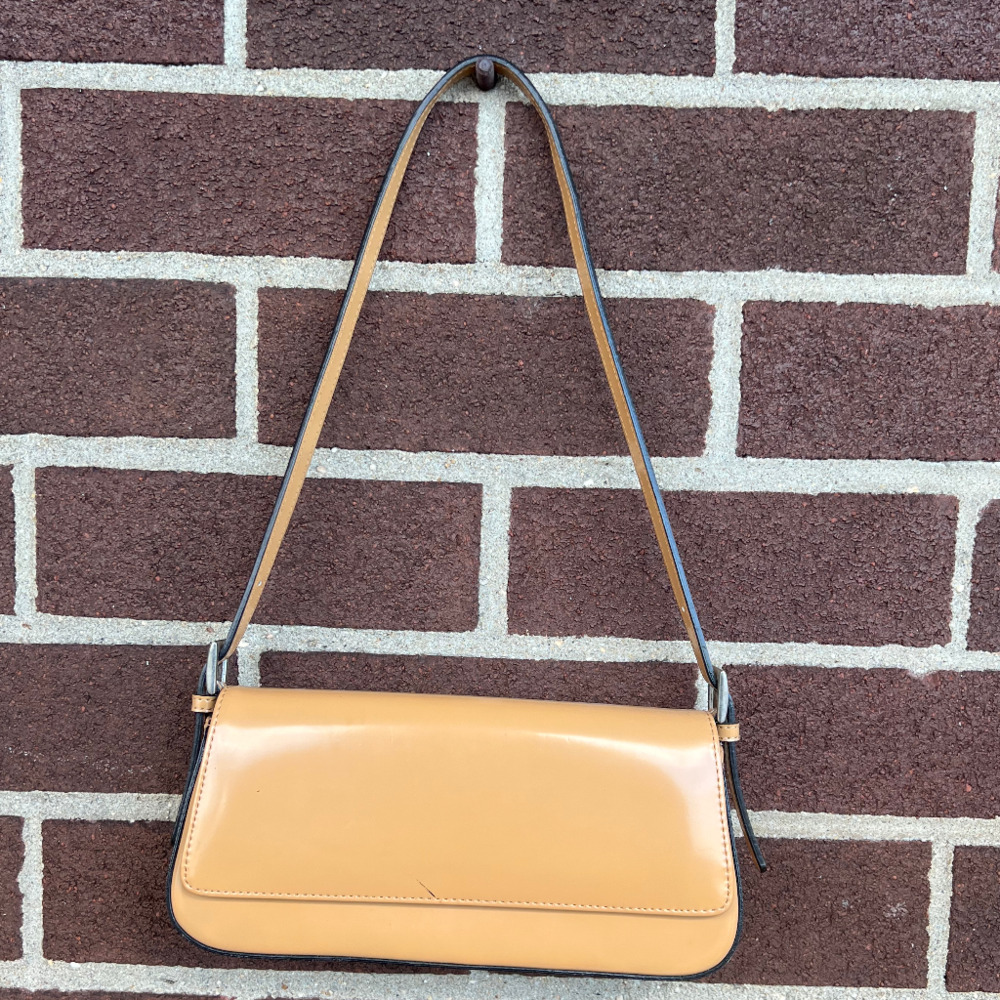 Tan Patent Baguette Shoulder Bag